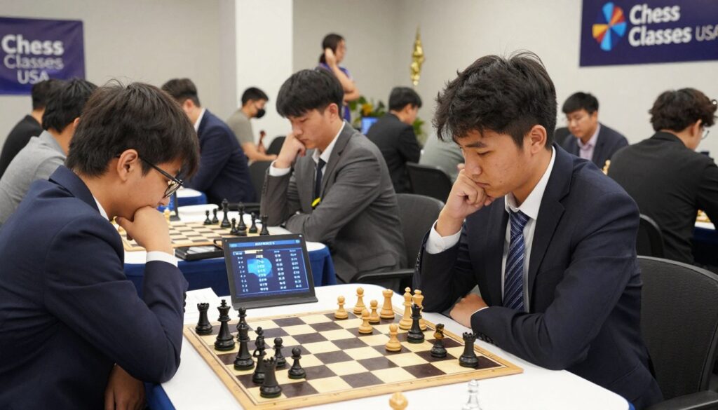 A professional chess tournament scene featuring focused participants sitting at chessboards, analyzing their moves. In the foreground, a determined young adult in business attire contemplates their options, while on the chessboard in front of them, a provisional rating graphic subtly appears, represented by an abstract numerical display. In the middle ground, several other players interact intensely, showing a mix of concentration and strategies with their boards. The background includes a well-lit tournament hall bustling with players, spectators, and trophies, casting soft shadows from overhead lights that evoke a serious yet competitive atmosphere. The branding for "Chess Classes USA" is tastefully incorporated in the environment, enhancing the professional mood without dominating the scene. The image captures the essence of provisional chess ratings in a tournament context, emphasizing the strategic nature of the game.