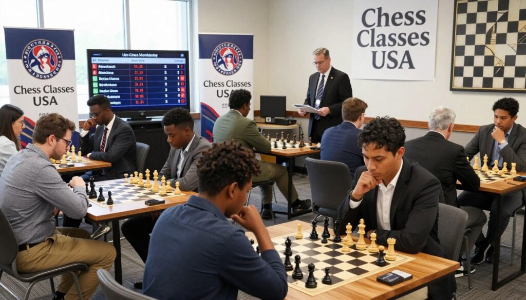 A professional chess tournament scene illustrating the significance of a US Chess membership. In the foreground, a diverse group of players, including men and women of various ethnicities, are engaged in intense matches at elegant wooden tables, wearing smart casual clothing and focused expressions. In the middle ground, a scoreboard displays names and ratings, emphasizing competition, while an official in a suit oversees the event, ensuring fairness. The background features banners with the logo of "Chess Classes USA" prominently displayed, along with chess-related artwork. The lighting is bright and inviting, mimicking natural daylight pouring in through large windows, creating a lively and engaging atmosphere that reflects the spirit of competitive play. Capture this moment from a slightly elevated angle to provide a comprehensive view of the event.