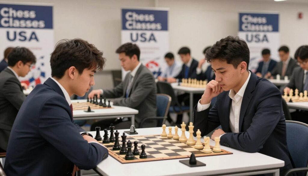 A professional chess tournament setting in a bright, spacious venue, featuring multiple chess tables adorned with sleek black and white chess sets. In the foreground, two well-dressed players, one in a tailored suit and the other in a smart casual outfit, are engaged in a focused game, adhering to proper chess etiquette. The middle ground showcases several spectators in business attire observing the games, adding an air of sophistication. The background includes larger tournament banners showcasing "Chess Classes USA," gently illuminated by soft overhead lighting, enhancing the tournament atmosphere. The mood feels intense yet respectful, capturing the seriousness of competition among enthusiasts, with a depth-of-field effect highlighting the players at the forefront.