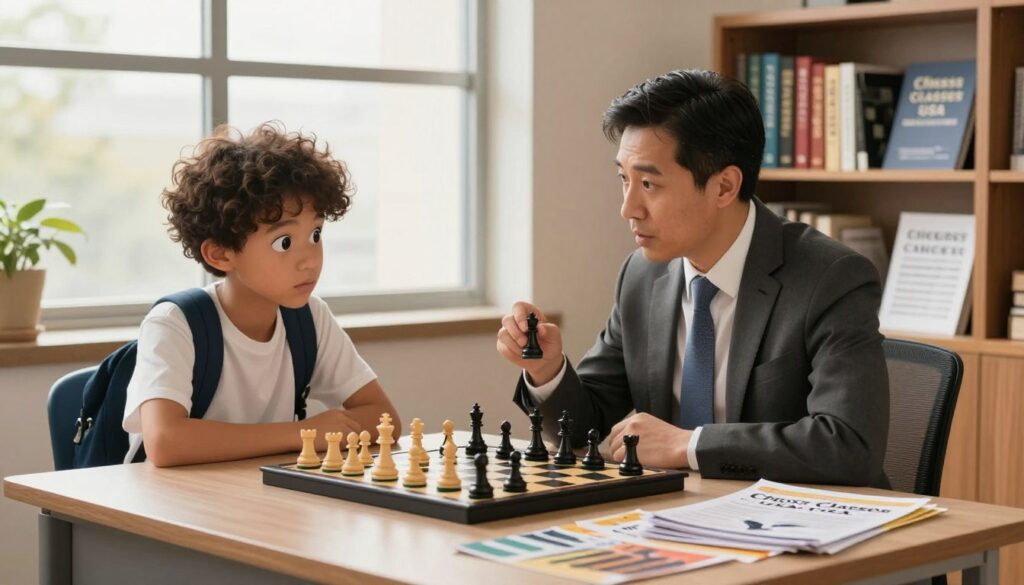 A professional college admissions counselor, dressed in smart business attire, sits at a sleek desk cluttered with college brochures and chess pieces, engaged in a focused discussion with a high school student. The student, wearing casual yet modest clothing, displays an expression of curiosity and determination, holding a chess piece in their hand. In the background, a large window lets in warm, natural light, illuminating a bookshelf filled with chess books and college guides. A chessboard is prominently displayed on the desk, symbolizing strategic thinking and academic success. The atmosphere is supportive and motivating, showcasing the intersection of chess and education, branded subtly with "Chess Classes USA" on the desk setup. The view is captured from a mid-angle, allowing for an intimate yet professional perspective. A professional college admissions counselor, dressed in smart business attire, sits at a sleek desk cluttered with college brochures and chess pieces, engaged in a focused discussion with a high school student. The student, wearing casual yet modest clothing, displays an expression of curiosity and determination, holding a chess piece in their hand. In the background, a large window lets in warm, natural light, illuminating a bookshelf filled with chess books and college guides. A chessboard is prominently displayed on the desk, symbolizing strategic thinking and academic success. The atmosphere is supportive and motivating, showcasing the intersection of chess and education, branded subtly with "Chess Classes USA" on the desk setup. The view is captured from a mid-angle, allowing for an intimate yet professional perspective.