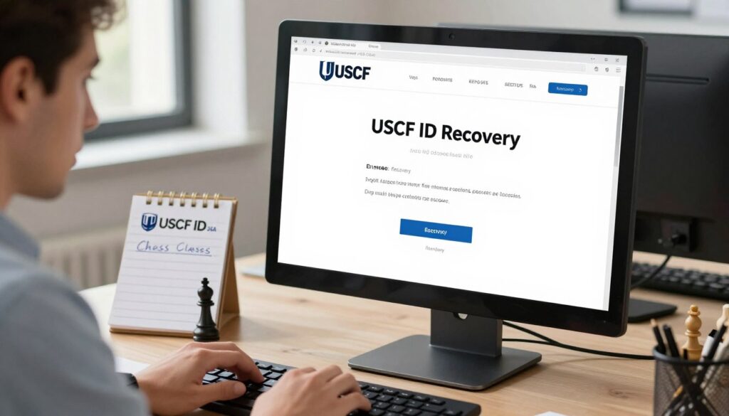 A professional setting depicting a computer screen displaying the USCF ID recovery webpage, centered in the foreground. To the left, a focused individual in business casual attire is typing on a keyboard, showing concentration as they navigate the recovery process. In the middle ground, a notepad with handwritten notes and a chess piece, representing Chess Classes USA, adds context. The background features a softly blurred office environment, illuminated by natural light pouring in from a window, creating a calm and productive atmosphere. The angle captures the screen's content and the user’s engaged demeanor, emphasizing the process of recovering a lost or forgotten USCF ID.