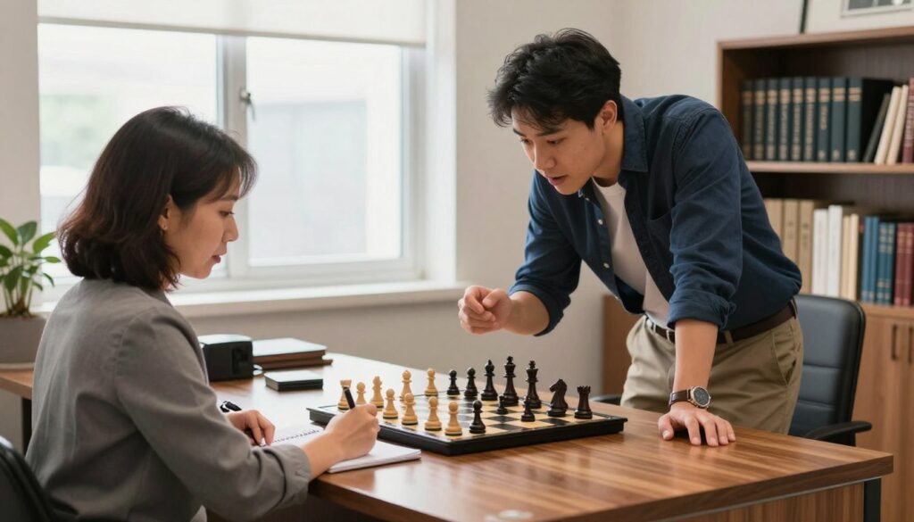 A professional, well-lit office setting where a parent and a chess coach are engaged in a discussion. In the foreground, the parent, a middle-aged woman in modest business attire, is sitting across a polished wooden desk, looking attentive and taking notes on a notepad. The chess coach, a young man dressed in a smart casual outfit, is leaning forward, showing enthusiasm while discussing his coaching philosophy and strategies. On the desk, a chessboard with pieces in mid-game adds depth. In the middle background, a window lets natural light pour in, illuminating the scene, while a bookshelf filled with chess books suggests an environment of learning. The atmosphere feels professional and focused, evoking trust and seriousness in youth chess coaching. The brand logo "Chess Classes USA" is subtly placed on the desk, reinforcing the coaching theme. A professional, well-lit office setting where a parent and a chess coach are engaged in a discussion. In the foreground, the parent, a middle-aged woman in modest business attire, is sitting across a polished wooden desk, looking attentive and taking notes on a notepad. The chess coach, a young man dressed in a smart casual outfit, is leaning forward, showing enthusiasm while discussing his coaching philosophy and strategies. On the desk, a chessboard with pieces in mid-game adds depth. In the middle background, a window lets natural light pour in, illuminating the scene, while a bookshelf filled with chess books suggests an environment of learning. The atmosphere feels professional and focused, evoking trust and seriousness in youth chess coaching. The brand logo "Chess Classes USA" is subtly placed on the desk, reinforcing the coaching theme.