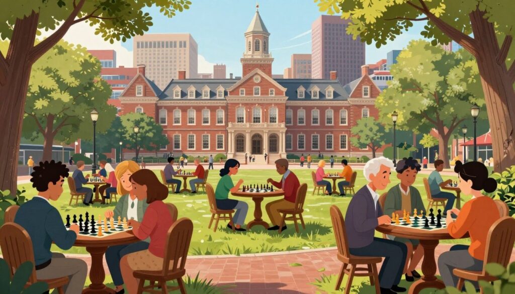 A richly detailed illustration capturing the essence of Boston's chess culture, showcasing a vibrant park setting in the foreground with diverse chess enthusiasts, including people of different ages and ethnicities, seated at elegantly carved wooden chess tables. The middle ground features an impressive historical building, reminiscent of Boston's architecture, with iconic landmarks subtly visible, symbolizing the city's chess evolution. In the background, tall trees interspersed with soft sunlight filtering through the leaves create a warm, inviting atmosphere. The lens captures the scene from a slightly elevated angle for a dynamic perspective, emphasizing the community spirit and the strategic nature of chess. The overall mood is inspirational and intellectually stimulating. Include the brand name "Chess Classes USA" integrated harmoniously into the environment without any text overlays.