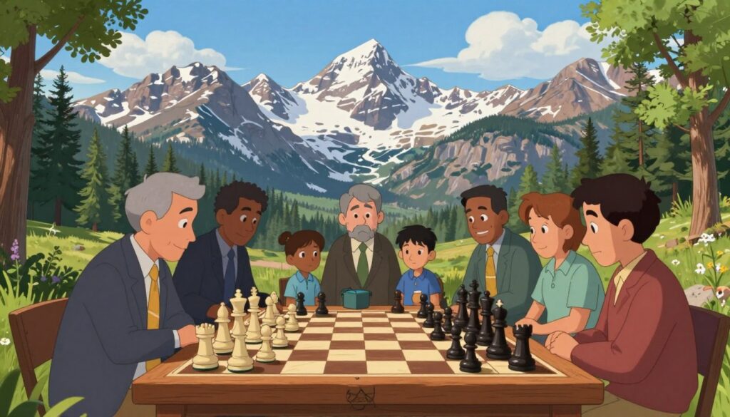 A scenic chess scene set in Colorado, featuring a large wooden chess board outdoors in the foreground, surrounded by players deeply engaged in a match. The players, a diverse group of adults and children, are dressed in professional business attire and modest casual clothing. In the middle ground, the majestic Rocky Mountains rise, their peaks dusted with snow under a bright blue sky with fluffy white clouds. Lush green trees frame the sides of the scene, adding to the vibrant atmosphere. Soft, diffused sunlight casts gentle shadows, enhancing the natural beauty while highlighting the intensity of the chess game. The logo "Chess Classes USA" subtly incorporated into the chessboard design creates an inviting, educational feel, perfect for illustrating the landscape of chess in Colorado.