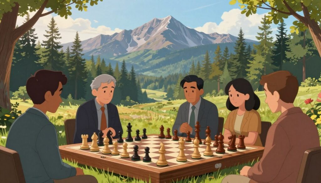 A scenic view capturing the essence of chess in Oregon. In the foreground, a large wooden chessboard is set up on a grassy field, with intricately carved chess pieces, some in mid-game. A diverse group of individuals, dressed in smart casual attire, are engaged in intense concentration, showcasing a friendly yet competitive atmosphere. In the middle ground, a backdrop of vibrant green pine trees and the majestic Cascade Mountains highlights the natural beauty of the Pacific Northwest. Soft, warm sunlight filters through the branches, casting gentle shadows. The sky is a mix of soft blues and wispy clouds, creating a serene mood. The logo "Chess Classes USA" subtly integrated into the scene adds a professional touch to the depiction.