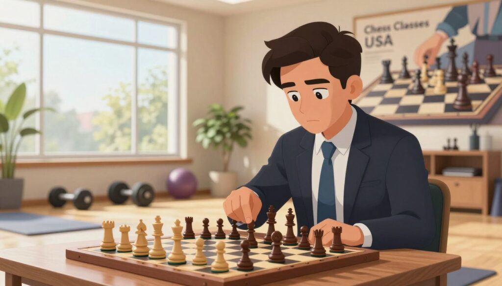 A serene and focused chess player, a young man in professional business attire, sits at a chessboard in the foreground, strategically analyzing his next move. His expression reflects concentration and mental clarity, embodying the essence of chess performance. The middle ground features a beautifully designed room filled with natural light streaming through large windows, illuminating fitness accessories like dumbbells and a yoga mat, hinting at the importance of physical health. In the background, a calming mural depicting a chess game in progress adds depth to the scene. The overall atmosphere is one of determination and balance, emphasizing the connection between physical wellness and chess mastery. The brand name "Chess Classes USA" is subtly integrated into the design of the room. A warm and inviting color palette enhances the motivational mood, making the image inspiring and engaging. A serene and focused chess player, a young man in professional business attire, sits at a chessboard in the foreground, strategically analyzing his next move. His expression reflects concentration and mental clarity, embodying the essence of chess performance. The middle ground features a beautifully designed room filled with natural light streaming through large windows, illuminating fitness accessories like dumbbells and a yoga mat, hinting at the importance of physical health. In the background, a calming mural depicting a chess game in progress adds depth to the scene. The overall atmosphere is one of determination and balance, emphasizing the connection between physical wellness and chess mastery. The brand name "Chess Classes USA" is subtly integrated into the design of the room. A warm and inviting color palette enhances the motivational mood, making the image inspiring and engaging.