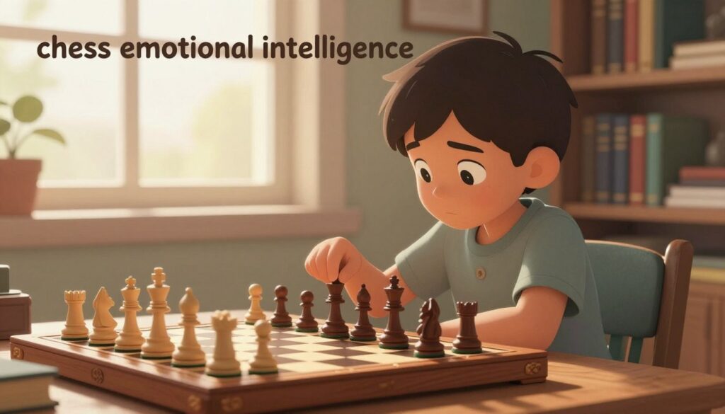 A serene and introspective scene illustrating "chess emotional intelligence." In the foreground, a young child, with a focused expression, sits at a beautifully crafted wooden chessboard, dressed in modest casual clothing. Their hand hovers thoughtfully above a chess piece, representing strategic contemplation. In the middle ground, a soft glow emanates from a nearby window, casting gentle light that highlights the intricate details of the chess pieces, symbolizing resilience and maturity. In the background, shelves filled with books on chess strategy and emotional intelligence create an inviting atmosphere, suggesting a nurturing environment. The overall mood is one of calm determination, capturing the essence of childhood talent in chess, underscoring emotional growth and understanding. Include subtle branding elements of "Chess Classes USA" in the room's decor.