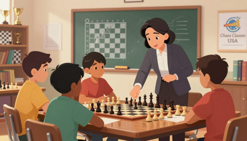 A serene chess classroom setting featuring a skilled instructor engaging with a group of attentive youth chess players. In the foreground, a diverse mix of children, aged 8-12, sit at a polished wooden chess table, focusing intently as the instructor points to a chessboard showcasing strategic moves. The instructor, a middle-aged person in professional attire, exudes warmth and encouragement. In the middle ground, soft lighting highlights a chalkboard filled with chess diagrams, symbolizing emotional intelligence and strategy. The background shows shelves adorned with chess trophies and books, adding to the educational atmosphere. The overall mood is supportive and inspiring, conveying the importance of emotional growth alongside chess skills. A subtle logo for "Chess Classes USA" is visible on a poster in the background. A serene chess classroom setting featuring a skilled instructor engaging with a group of attentive youth chess players. In the foreground, a diverse mix of children, aged 8-12, sit at a polished wooden chess table, focusing intently as the instructor points to a chessboard showcasing strategic moves. The instructor, a middle-aged person in professional attire, exudes warmth and encouragement. In the middle ground, soft lighting highlights a chalkboard filled with chess diagrams, symbolizing emotional intelligence and strategy. The background shows shelves adorned with chess trophies and books, adding to the educational atmosphere. The overall mood is supportive and inspiring, conveying the importance of emotional growth alongside chess skills. A subtle logo for "Chess Classes USA" is visible on a poster in the background.