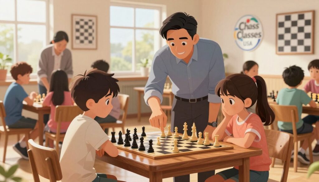 A serene chess club environment, focusing on interactive chess teaching. In the foreground, two children, a boy and a girl, sit at a beautifully crafted wooden chess table, deeply engaged in a game. They are dressed in casual but neat attire, displaying curiosity and concentration. The middle ground features a professional coach, a man in a smart casual outfit, guiding them with a friendly demeanor, pointing to the chessboard. The background shows other small groups of children and coaches, fostering a spirit of collaboration. Soft, warm natural light filters in through large windows, creating an inviting atmosphere. The walls are adorned with motivational chess art and a logo for "Chess Classes USA". The overall mood is encouraging and supportive, highlighting the importance of a positive coaching philosophy. A serene chess club environment, focusing on interactive chess teaching. In the foreground, two children, a boy and a girl, sit at a beautifully crafted wooden chess table, deeply engaged in a game. They are dressed in casual but neat attire, displaying curiosity and concentration. The middle ground features a professional coach, a man in a smart casual outfit, guiding them with a friendly demeanor, pointing to the chessboard. The background shows other small groups of children and coaches, fostering a spirit of collaboration. Soft, warm natural light filters in through large windows, creating an inviting atmosphere. The walls are adorned with motivational chess art and a logo for "Chess Classes USA". The overall mood is encouraging and supportive, highlighting the importance of a positive coaching philosophy.