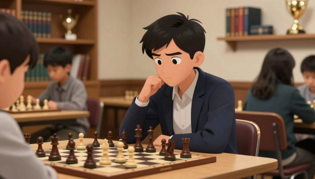 A serene chess club setting featuring an adult beginner player sitting at a chessboard, focused and engaged in their game. The foreground highlights a neatly arranged chessboard with pieces in play, capturing the intensity of the moment. In the middle, the adult player, dressed in smart casual attire, exhibits a look of determination and curiosity, reflecting the spirit of learning. The background reveals a welcoming atmosphere with soft lighting, warm tones, and shelves filled with chess books and trophies, emphasizing a supportive environment. Subtle bokeh effects from the lighting create an inviting atmosphere, symbolizing the journey to obtaining a USCF rating. The brand name "Chess Classes USA" is subtly represented in a stylish, contextual manner within the scene.