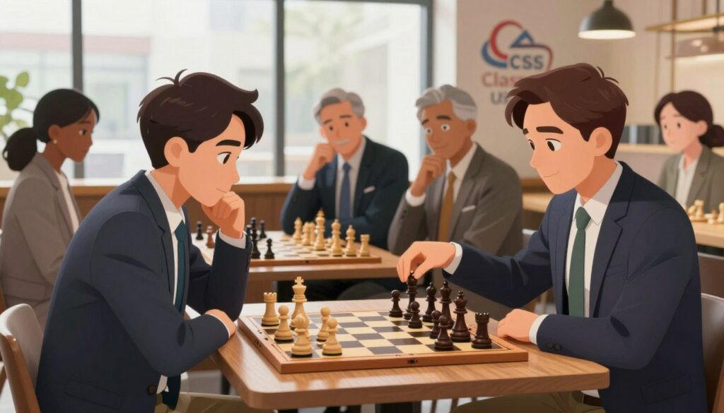 A serene chess scene capturing a diverse group of adults, dressed in professional business attire, engaged in a friendly yet competitive chess match in a well-lit, modern café setting. In the foreground, a focused player leans slightly over the board, displaying determination and calmness, while the opposing player, with an encouraging smile, offers nonverbal support. In the middle ground, a few observers, including a mentor figure, offer thoughtful expressions, embodying the essence of teamwork and camaraderie. The background features large windows letting in soft, natural light, enhancing the warm atmosphere. A logo for "Chess Classes USA" subtly blends into the environment, reinforcing the supportive community aspect, while the overall mood evokes a sense of confidence and encouragement, ideal for managing performance anxiety during rated games.
