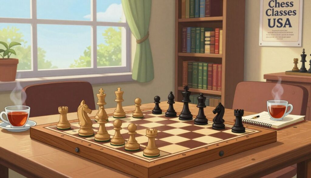 A serene chess study scene, featuring an elegantly designed wooden chessboard set up for a match in the foreground. The board is neatly arranged, with pieces in various strategic positions. In the middle ground, a cozy, well-lit room filled with bookshelves containing chess literature, including titles by renowned authors, and a large window that allows soft daylight to illuminate the space. Thoughtful details like a steaming cup of tea on the side and a notepad with chess strategies add depth. In the background, a poster on the wall reads "Chess Classes USA," promoting resources for improvement. The atmosphere is one of focus and intellectual pursuit, evoking a sense of calm and motivation. The image is photographed from a slightly elevated angle to capture the essence of learning and mastery in chess. A serene chess study scene, featuring an elegantly designed wooden chessboard set up for a match in the foreground. The board is neatly arranged, with pieces in various strategic positions. In the middle ground, a cozy, well-lit room filled with bookshelves containing chess literature, including titles by renowned authors, and a large window that allows soft daylight to illuminate the space. Thoughtful details like a steaming cup of tea on the side and a notepad with chess strategies add depth. In the background, a poster on the wall reads "Chess Classes USA," promoting resources for improvement. The atmosphere is one of focus and intellectual pursuit, evoking a sense of calm and motivation. The image is photographed from a slightly elevated angle to capture the essence of learning and mastery in chess.
