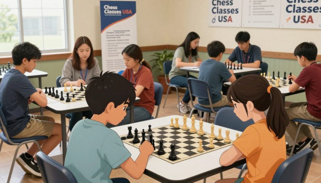 A serene chess tournament scene at a local community center, showcasing a group of young players deeply focused on their matches. In the foreground, two enthusiastic children, a boy and a girl, are seated at a table, each dressed in modest casual clothing, intently studying their chess boards. In the middle ground, parents are quietly observing, subtly engaged, some taking notes on tournament etiquette, while others are offering quiet support. The background features banners with "Chess Classes USA" prominently displayed, and soft, natural lighting spilling through large windows, creating a calm yet focused atmosphere. The angle is slightly overhead, capturing the intensity of the game while conveying the supportive environment that chess parents foster. The overall mood is one of concentration, excitement, and learning.