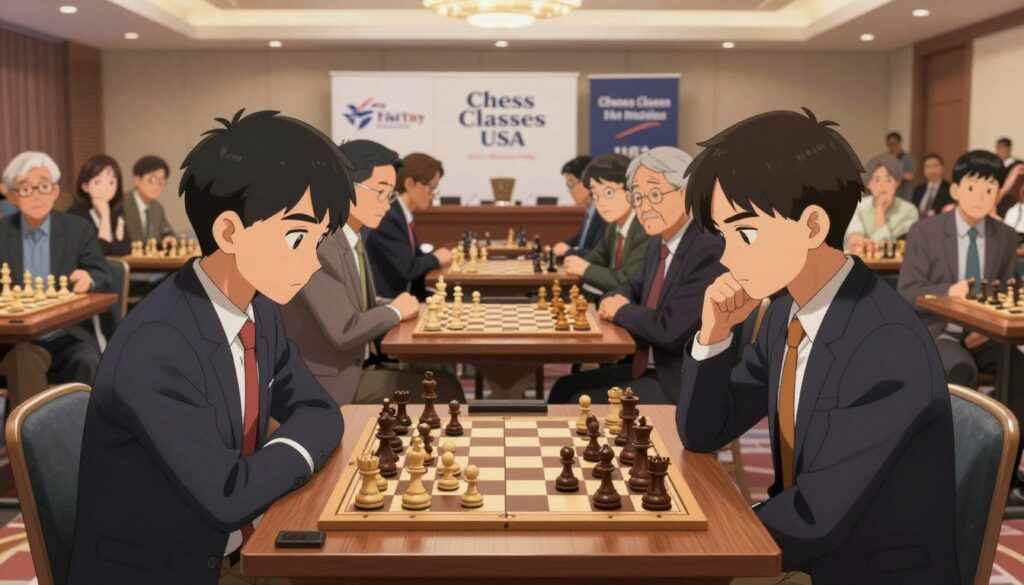 A serene chess tournament scene capturing the essence of fair play in chess, with two focused players sitting across from each other at an elegantly designed wooden chess table in the foreground. They are depicted in professional business attire, intently examining the chessboard, where pieces are arranged in a strategic mid-game position. In the middle ground, a diverse audience of various ages watches closely, showcasing a mix of expressions reflecting anticipation and respect for the game. The background features a well-lit, modern tournament hall with banners promoting fair play and Chess Classes USA. Soft, diffused lighting highlights the players and the chessboard, creating a warm atmosphere that emphasizes the integrity and respect inherent in the game of chess. The overall mood is one of concentration and camaraderie.