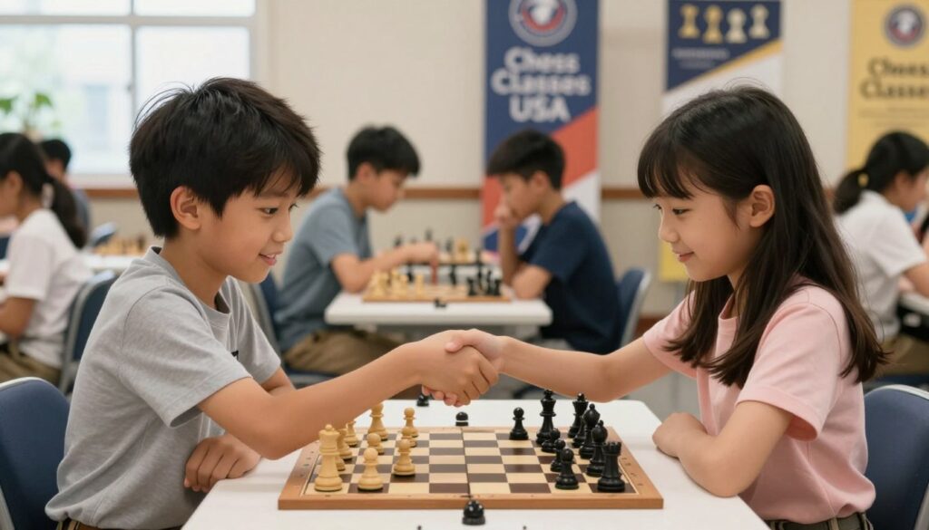 A serene chess tournament scene highlights sportsmanship and fair play. In the foreground, two competitors, a young boy and girl, sit across from each other at a chessboard, wearing modest casual clothing, focused yet displaying warm smiles and mutual respect. They demonstrate good sportsmanship, with a handshake and a respectful nod, emphasizing camaraderie. In the middle ground, other young players observe, a few engaged in quiet conversation, embodying a sense of community and ethical competition. The background features a well-lit tournament hall with banners reading "Chess Classes USA" and trophies showcasing achievements. Soft, natural lighting creates an inviting atmosphere, enhancing the feeling of positivity and integrity within the game. The angle captures both players' expressions, fostering a mood of encouragement and support. A serene chess tournament scene highlights sportsmanship and fair play. In the foreground, two competitors, a young boy and girl, sit across from each other at a chessboard, wearing modest casual clothing, focused yet displaying warm smiles and mutual respect. They demonstrate good sportsmanship, with a handshake and a respectful nod, emphasizing camaraderie. In the middle ground, other young players observe, a few engaged in quiet conversation, embodying a sense of community and ethical competition. The background features a well-lit tournament hall with banners reading "Chess Classes USA" and trophies showcasing achievements. Soft, natural lighting creates an inviting atmosphere, enhancing the feeling of positivity and integrity within the game. The angle captures both players' expressions, fostering a mood of encouragement and support.