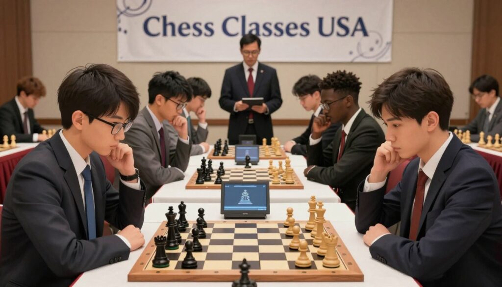 A serene chess tournament setting, featuring a diverse group of players in professional business attire, intensely focused on their matches. In the foreground, a chessboard with meticulously arranged pieces symbolizes fair play, while an anti-cheating monitor discreetly observes the competition. In the middle ground, players engage in thoughtful strategy, with a calm referee overseeing the event, ensuring adherence to fair play policies. The background showcases a banner displaying "Chess Classes USA" in a subtle, elegant manner. Soft, overhead lighting enhances the atmosphere of professionalism and integrity, casting gentle shadows that emphasize concentration and sportsmanship. The overall mood is one of respect, fairness, and competitive spirit in a community that values integrity in the game of chess.