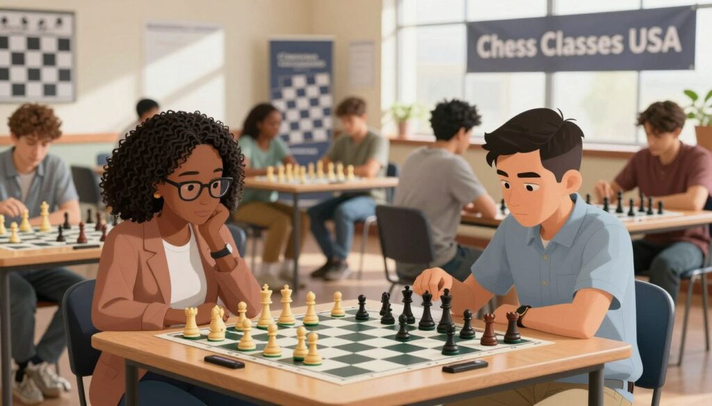 A serene chess tournament setting for beginners, emphasizing an unrated section. In the foreground, a diverse group of players, including a Black woman with glasses in professional attire and a Hispanic male in smart casual clothing, focused on their chessboards. The middle ground features neatly arranged chess tables, each with vibrant chess pieces. Soft natural light filters in through large windows, casting gentle shadows. The background showcases a welcoming atmosphere with chess-themed decorations and a “Chess Classes USA” banner. The overall mood is encouraging and supportive, ideal for novices exploring the world of chess. The scene captures the excitement and nervousness of a first tournament while ensuring a sense of community and learning.