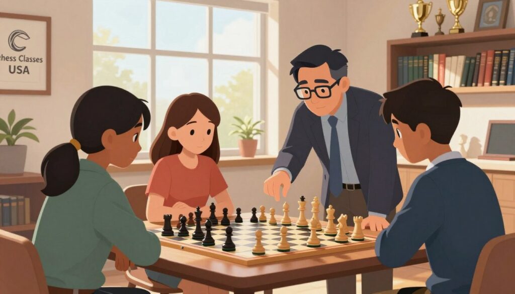 A serene chess training session in a well-lit room, where a diverse group of three students gathers around a professional coach, who is guiding them in strategic gameplay. In the foreground, the students, dressed in business casual attire, attentively study a chess board filled with pieces in mid-game. The coach, a middle-aged person with glasses, gestures towards the board, demonstrating a key tactic. In the middle, a large window allows natural sunlight to spill into the room, creating a warm and inviting atmosphere. The background features shelves filled with chess literature and trophies, symbolizing growth and achievement. The overall mood is focused yet encouraging, embodying the essence of "Chess Classes USA" and the pursuit of improvement through professional guidance.