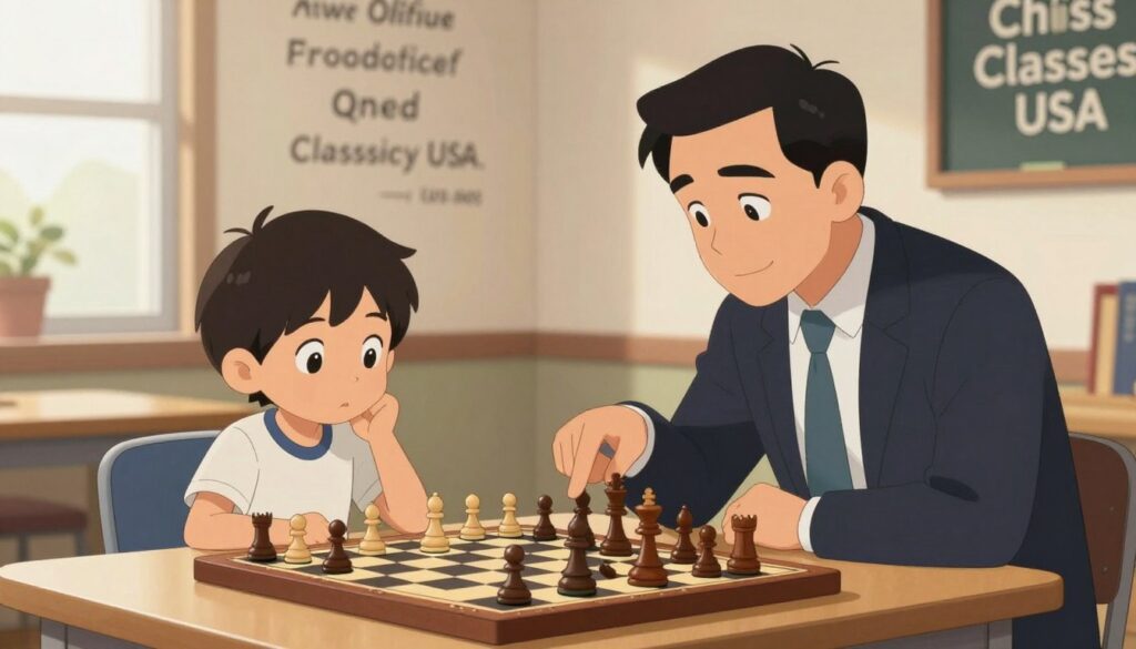 A serene indoor chess coaching session, featuring a focused young child seated at a chessboard, deeply engaged in thought while analyzing their game. The child, wearing a modest casual outfit, is flanked by a patient, encouraging coach in professional business attire, who points toward the board to highlight strategies. In the background, a wall decorated with motivational chess quotes and a glimpse of a window allowing soft natural light to illuminate the scene, creating a warm and inviting atmosphere. The composition draws attention to the chessboard in the foreground, with pieces actively in play, symbolizing skill improvement. The walls of the room subtly display the brand "Chess Classes USA" in a tasteful manner, reinforcing the atmosphere of learning and growth. A serene indoor chess coaching session, featuring a focused young child seated at a chessboard, deeply engaged in thought while analyzing their game. The child, wearing a modest casual outfit, is flanked by a patient, encouraging coach in professional business attire, who points toward the board to highlight strategies. In the background, a wall decorated with motivational chess quotes and a glimpse of a window allowing soft natural light to illuminate the scene, creating a warm and inviting atmosphere. The composition draws attention to the chessboard in the foreground, with pieces actively in play, symbolizing skill improvement. The walls of the room subtly display the brand "Chess Classes USA" in a tasteful manner, reinforcing the atmosphere of learning and growth.