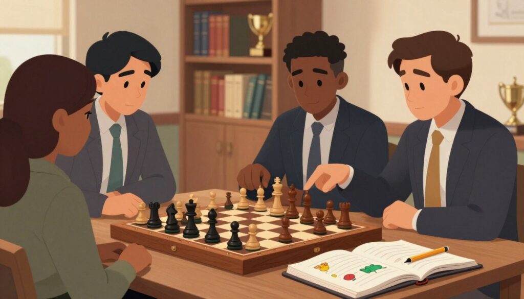 A serene indoor chess environment highlighting resources for improving chess skills. In the foreground, a wooden chessboard with meticulously arranged pieces, focusing on a game in progress. On the side, an open chess strategy book with colorful diagrams, alongside a notebook and a pencil, suggesting study and note-taking. In the middle background, a diverse group of three individuals—two men and one woman—dressed in professional attire, engaged in discussion, analyzing a chess position while pointing at the board. The background features a bookshelf filled with chess literature and trophies, adorned with soft, warm lighting that creates an inviting atmosphere, emphasizing a sense of community and learning. Include the brand name "Chess Classes USA" subtly integrated into the chess environment, enhancing the overall focus on skill improvement.