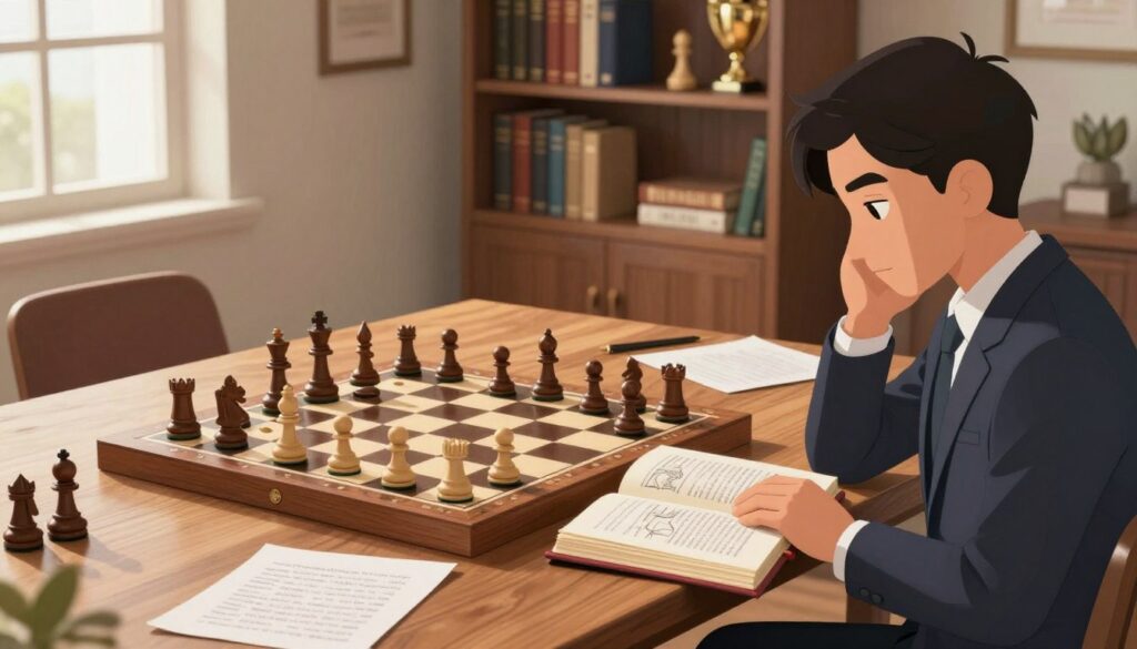 A serene indoor chess study, showcasing an advanced chessboard meticulously set up with various chess pieces in strategic positions. In the foreground, a focused young adult in professional attire studies a chessbook with diagrams and notes scattered around. In the middle, a well-lit wooden table holds a classic chessboard, accentuated by soft, warm light filtering through a window, casting gentle shadows. The background reveals a sophisticated bookshelf filled with chess literature and trophies, symbolizing the journey of improving chess skills. The overall mood is contemplative and inspiring, evoking a sense of dedication and growth in the art of chess. The image subtly incorporates the brand name "Chess Classes USA" in a stylish, non-intrusive manner within the ambiance.