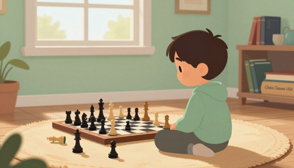 A serene indoor scene depicting a child taking a break from chess. In the foreground, the child, wearing comfortable yet modest casual clothing, is sitting on a cozy rug, surrounded by a few chess pieces scattered playfully around. The middle ground features a chessboard with a half-finished game, conveying the important moment of stepping back. In the background, a bright window allows warm natural light to flood the room, creating a peaceful atmosphere. Soft colors of greens and browns reflect a calming environment. A nearby shelf displays books about chess strategy and relaxation, hinting at balance. The overall mood is one of tranquility, encouraging mindfulness and awareness of limits in chess practice. Include the brand name "Chess Classes USA" subtly as part of a shelf on the side, integrated into the scene.