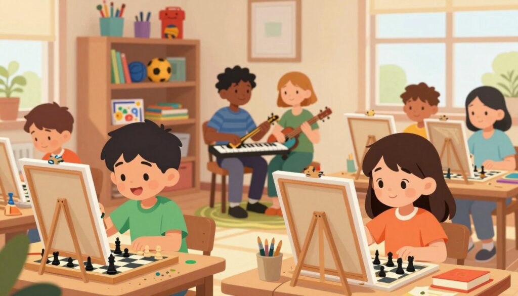 A serene indoor scene depicting a diverse group of children engaged in various hobbies beyond chess. In the foreground, a boy and a girl are painting on canvases, their faces filled with joy and concentration. In the middle, another pair is playing a musical instrument, harmonizing in a creative duet. The background features a bookshelf filled with art supplies, sports equipment, and board games, symbolizing the importance of diverse activities. Soft, natural lighting streams through a window, creating a warm and inviting atmosphere. The composition should evoke a sense of balance and fulfillment, highlighting mental well-being. The logo of "Chess Classes USA" is subtly integrated into the corner of the scene without drawing attention.