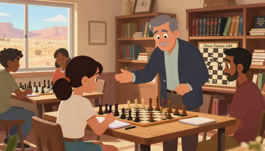 A serene, inviting chess training environment depicting a group of diverse individuals engaged in focused study and practice. In the foreground, a young girl in modest casual clothing intently studies a chessboard, with a notebook and pen, symbolizing youth and learning. In the middle, a patient instructor, wearing professional attire, gestures towards a large demonstration board showcasing strategic moves. Behind them, shelves filled with chess books and resources titled “Chess Classes USA,” creating a scholarly atmosphere. Soft, warm natural lighting filters in through a window, casting gentle shadows, enhancing the mood of concentration and growth. The backdrop features a peaceful desert landscape visible outside, bridging the local culture of Arizona with a commitment to improving chess skills.