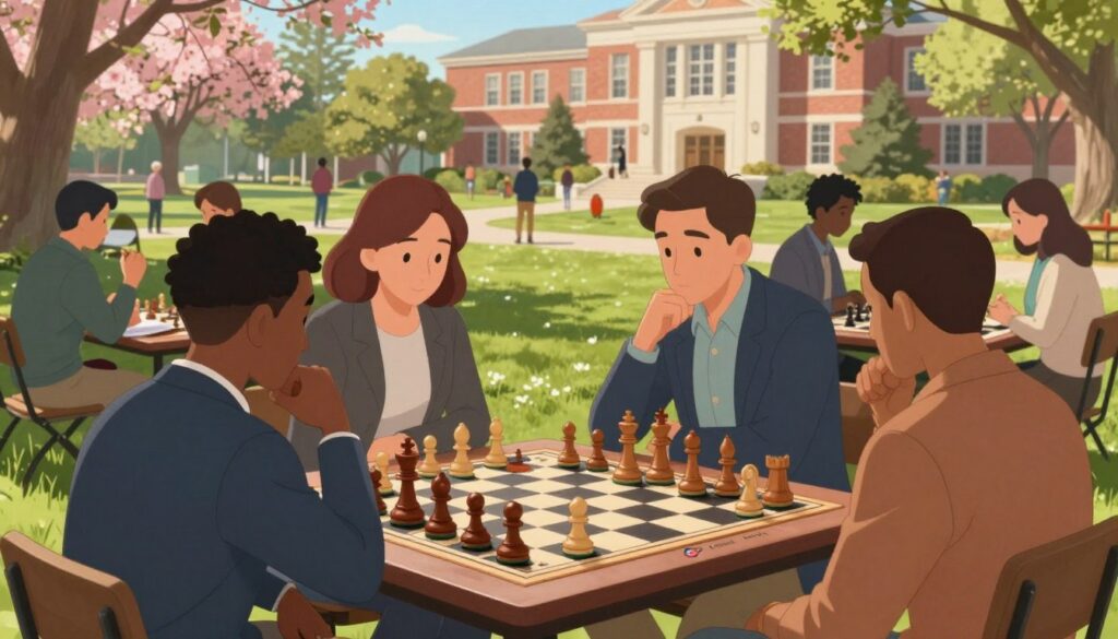 A serene outdoor chess scene showcasing a diverse group of individuals engaged in a friendly game under soft afternoon light. In the foreground, a well-organized chess table with polished wooden pieces, surrounded by players of different ages, dressed in smart casual attire, thoughtfully contemplating their moves. In the middle ground, a vibrant park setting with blooming trees and spectators observing the game, some taking notes or discussing strategies, reflecting a community atmosphere. In the background, a college building symbolizes the educational resources available. The scene conveys a mood of learning, collaboration, and improvement. The logo of "Chess Classes USA" subtly integrated into the chess table design adds professionalism without overpowering the image.