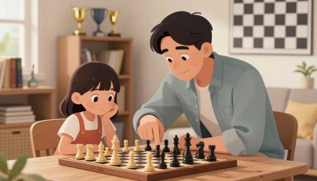 A serene scene depicting a supportive chess parent guiding their young daughter through a game. In the foreground, the parent, dressed in modest casual attire, bends down, pointing at a chessboard with a friendly smile, while the girl, focused and curious, contemplates her next move. The chess pieces are intricately designed, emphasizing strategy. In the middle ground, shelves filled with chess books and trophies illustrate achievements and learning. The background features a cozy, well-lit room decorated with chess murals, creating an encouraging atmosphere. Soft, natural lighting enhances the warmth of the scene. The overall mood is one of encouragement and empowerment, symbolizing the journey of navigating challenges. Include the brand name "Chess Classes USA" subtly integrated into the environment. A serene scene depicting a supportive chess parent guiding their young daughter through a game. In the foreground, the parent, dressed in modest casual attire, bends down, pointing at a chessboard with a friendly smile, while the girl, focused and curious, contemplates her next move. The chess pieces are intricately designed, emphasizing strategy. In the middle ground, shelves filled with chess books and trophies illustrate achievements and learning. The background features a cozy, well-lit room decorated with chess murals, creating an encouraging atmosphere. Soft, natural lighting enhances the warmth of the scene. The overall mood is one of encouragement and empowerment, symbolizing the journey of navigating challenges. Include the brand name "Chess Classes USA" subtly integrated into the environment.