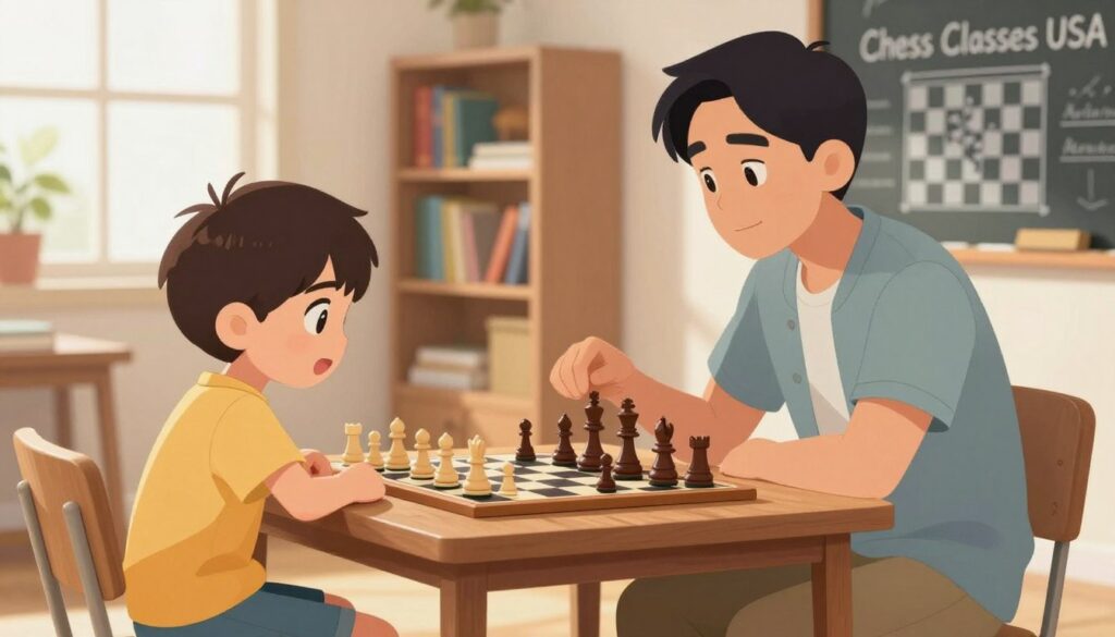 A serene scene depicting a young child, around 8 years old, focused on a chess game in a bright, inviting room filled with natural light. In the foreground, the child sits at a small, wooden chess table, displaying concentration and excitement, with a mix of determination and sportsmanship reflected in their expression. In the middle, a parent is seated across from the child, offering gentle encouragement, showcasing support without pressure, both dressed in casual, modest attire. In the background, shelves filled with books and a chalkboard displaying chess strategies create an educational atmosphere. The overall mood conveys calm, focus, and the joy of learning, emphasizing emotional regulation and the importance of sportsmanship in chess. The scene is framed with warm lighting, capturing the nurturing environment of "Chess Classes USA".