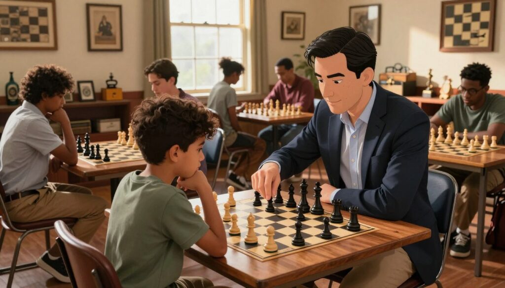 A serene scene inside a well-lit chess club in Louisiana, featuring a diverse group of individuals engaged in learning chess under expert guidance. In the foreground, a professional chess instructor with a welcoming demeanor demonstrates a chess move to an attentive young learner, both dressed in smart casual attire. The middle ground showcases several chessboards with other players deep in concentration, all amidst a richly adorned room filled with classic chess memorabilia. The background captures a large window letting in warm, golden light, casting soft shadows that emphasize the focus and dedication of the participants. The atmosphere is collaborative and inspiring, reflecting the mission of "Chess Classes USA" to foster excellence in chess education. A serene scene inside a well-lit chess club in Louisiana, featuring a diverse group of individuals engaged in learning chess under expert guidance. In the foreground, a professional chess instructor with a welcoming demeanor demonstrates a chess move to an attentive young learner, both dressed in smart casual attire. The middle ground showcases several chessboards with other players deep in concentration, all amidst a richly adorned room filled with classic chess memorabilia. The background captures a large window letting in warm, golden light, casting soft shadows that emphasize the focus and dedication of the participants. The atmosphere is collaborative and inspiring, reflecting the mission of "Chess Classes USA" to foster excellence in chess education.