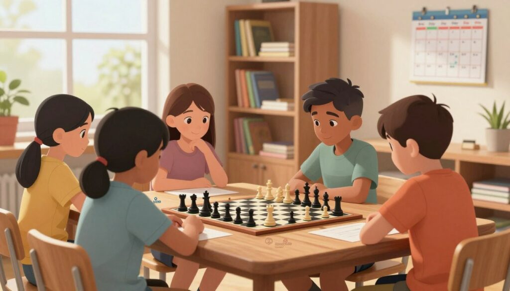 A serene study room filled with soft, natural light filtering through a window, focusing on a diverse group of children (ages 8-12) engaged in a friendly chess game at a wooden table, dressed in casual, modest clothing. In the background, shelves lined with books and educational materials showcase a commitment to academics. A small calendar on the wall lists various social activities, illustrating a balanced lifestyle. The atmosphere is warm and inviting, reflecting focus and camaraderie. A subtle logo for "Chess Classes USA" is incorporated into a decorative element on the table, emphasizing a blend of chess, learning, and social interactions. The scene captures the essence of healthy chess habits amidst academics and friendship. Soft focus technique enhances the inviting feel, promoting a mood of harmony and balance.