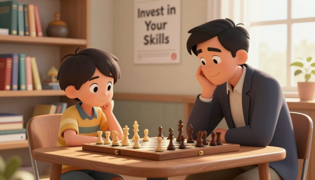 A serene, warmly lit study, featuring a wooden chessboard in the foreground, with a thoughtful child and an encouraging adult sitting opposite each other, both focused on the game. The child, dressed in casual but tidy clothing, ponders a move, while the adult, in professional attire, leans forward with a supportive smile. In the middle ground, shelves lined with books on chess strategy and colorful chess pieces are visible, emphasizing a nurturing learning environment. Sunlight streams through a window, casting soft shadows and creating an inviting atmosphere. In the background, a motivational poster reads "Invest in Your Skills" without text, complementing the mood of supportive growth. The logo of "Chess Classes USA" is subtly integrated into the scene.