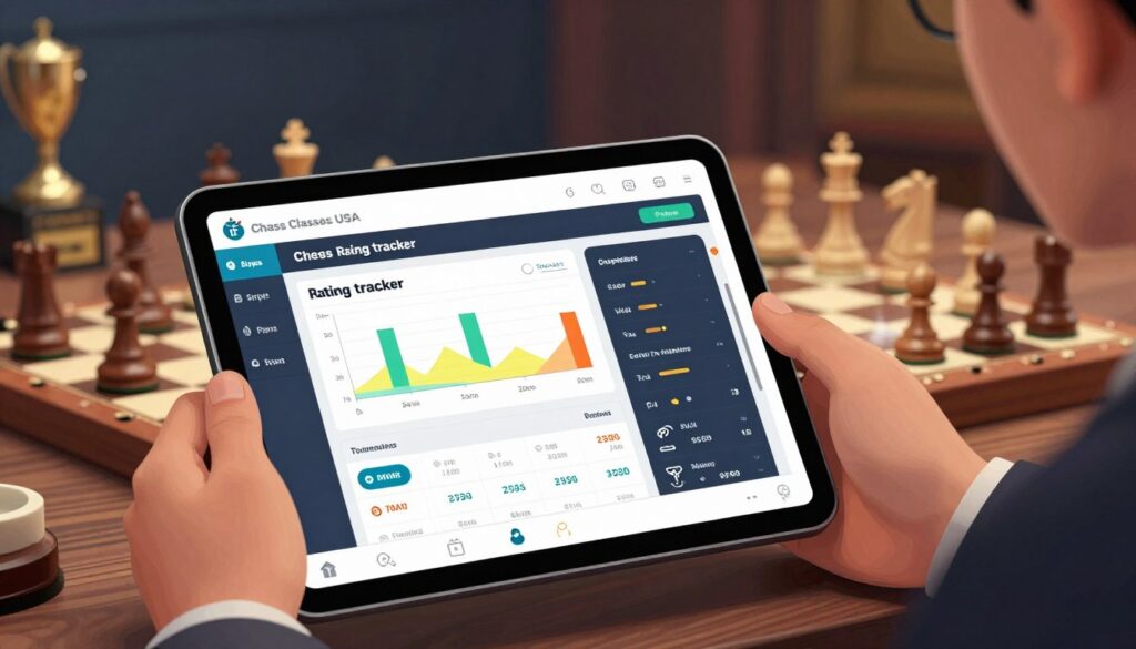A sleek and modern chess rating tracker interface displayed on a digital tablet, held in hands dressed in professional attire. The foreground features a close-up of the tablet screen showcasing vibrant graphs and statistics correlating tournament performance with ratings. In the middle ground, a blurred chessboard with high-quality wooden pieces adds depth, implying a connection to the game. The background seamlessly transitions to a dimly lit room with soft, warm lighting to create a focused and serious atmosphere. Subtle hints of chess trophies and awards can be seen, adding context to the competitive environment. The brand name "Chess Classes USA" is subtly integrated into the design of the tracker interface, emphasizing a professional approach to tracking chess progress.