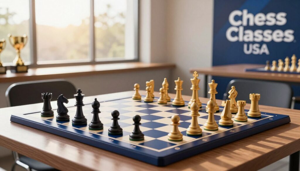 A sleek, modern chess rating board set in a well-lit, professional environment, showcasing "Chess Classes USA" prominently displayed in the corner. In the foreground, a detailed chess rating graph illustrating different levels, with vibrant colors such as blue and gold. The middle ground features a polished chess table with elegant chess pieces arranged in a strategic position. The background includes a large window with natural sunlight streaming in, casting soft shadows, and a few chess trophies that evoke a sense of achievement and community. The overall mood is inspiring and inviting, enticing viewers to consider the value of chess membership beyond just tournament participation. Ideal lighting for a warm, motivational atmosphere, captured with a slight depth of field effect to emphasize the chess board. A sleek, modern chess rating board set in a well-lit, professional environment, showcasing "Chess Classes USA" prominently displayed in the corner. In the foreground, a detailed chess rating graph illustrating different levels, with vibrant colors such as blue and gold. The middle ground features a polished chess table with elegant chess pieces arranged in a strategic position. The background includes a large window with natural sunlight streaming in, casting soft shadows, and a few chess trophies that evoke a sense of achievement and community. The overall mood is inspiring and inviting, enticing viewers to consider the value of chess membership beyond just tournament participation. Ideal lighting for a warm, motivational atmosphere, captured with a slight depth of field effect to emphasize the chess board.