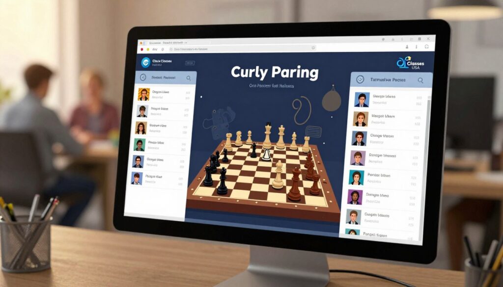 A sleek, modern computer interface displaying chess pairing software on a high-resolution screen, designed to look professional and user-friendly. In the foreground, the screen shows a colorful, intuitive layout with profiles of unrated players and their pairing results. The middle layer features a chessboard with pieces in mid-game, symbolizing strategy and competition. The background contains a softly lit office environment, with a warm ambiance created by gentle task lighting and a focus on teamwork. Include a subtle logo of "Chess Classes USA" in the corner of the interface. The scene should evoke a sense of professionalism, efficiency, and the spirit of chess tournaments, captured from a slightly elevated angle to enhance depth, showing the screen’s clear details while providing a glimpse of the office behind.