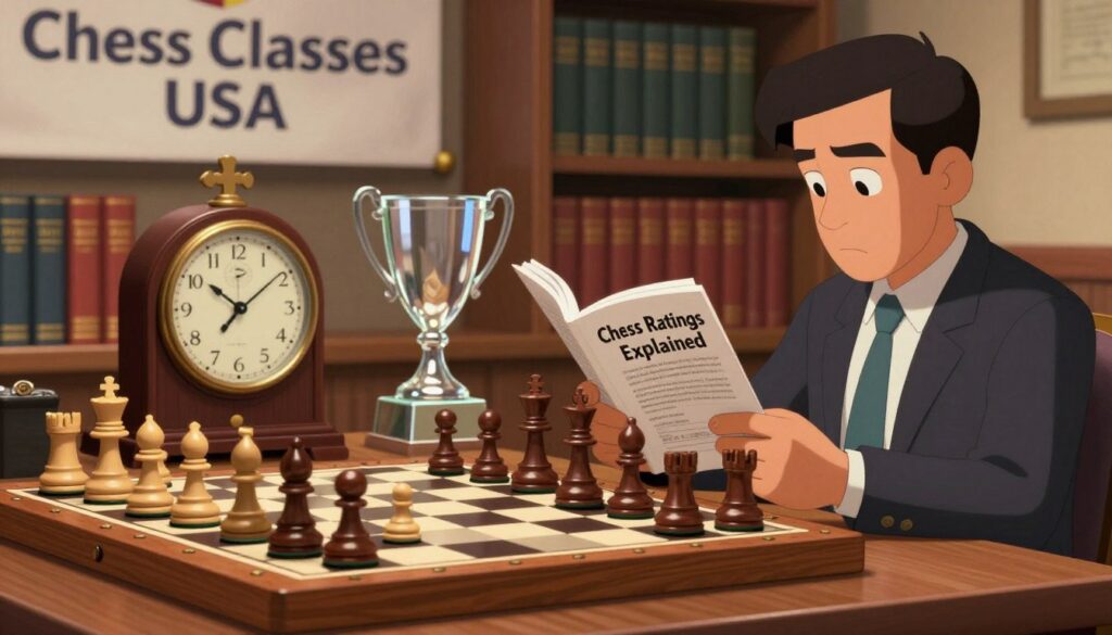 A sophisticated chess scene illustrating the process of achieving an official chess rating. In the foreground, a polished wooden chessboard is set up with elegantly crafted pieces, showcasing a mid-game position. To the side, a poised chess player, dressed in professional attire, studies a chess manual titled "Chess Ratings Explained" while taking notes. In the middle ground, an old-fashioned clock is ticking down, symbolizing the urgency and concentration of competitive play, while a clear glass trophy sits proudly behind it, reflecting light. The background features rows of chess books on a shelf, with the name "Chess Classes USA" prominently displayed on a banner, adding a touch of authority. The lighting is soft and warm, creating a focused and encouraging atmosphere, inviting players to delve into their chess journey. The image should feel dynamic yet refined, embodying the path to becoming a rated chess player.