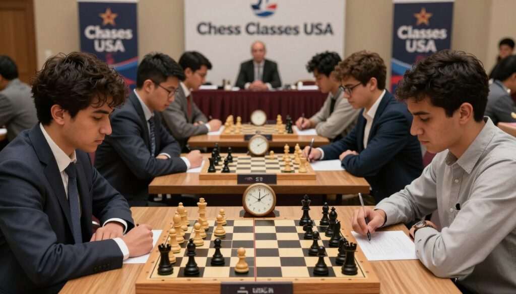 A sophisticated chess tournament scene focusing on a themed graphic that represents tips for new players to understand their first USCF rating performance. In the foreground, a chessboard displays strategic pieces in motion, with a clock ticking away under professional lighting that emphasizes the tension and excitement of a tournament. In the middle, a diverse group of players, dressed in business attire and modest casual clothing, engage in intense concentration, studying their positions and noting strategies on paper. The background features blurred images of spectators watching eagerly, with banners of "Chess Classes USA" draped elegantly. The atmosphere is one of focus and determination, with warm lighting that creates a sense of welcoming yet competitive spirit. A sophisticated chess tournament scene focusing on a themed graphic that represents tips for new players to understand their first USCF rating performance. In the foreground, a chessboard displays strategic pieces in motion, with a clock ticking away under professional lighting that emphasizes the tension and excitement of a tournament. In the middle, a diverse group of players, dressed in business attire and modest casual clothing, engage in intense concentration, studying their positions and noting strategies on paper. The background features blurred images of spectators watching eagerly, with banners of "Chess Classes USA" draped elegantly. The atmosphere is one of focus and determination, with warm lighting that creates a sense of welcoming yet competitive spirit.