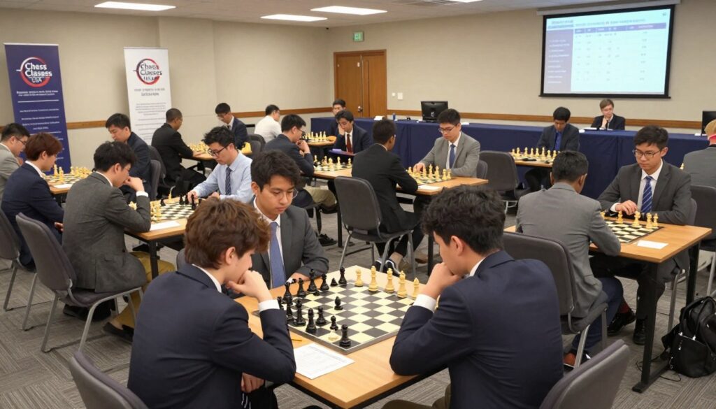 A spacious, brightly lit tournament hall filled with rows of chessboards set up for a competition. In the foreground, several focused chess players of diverse backgrounds are seated, all dressed in professional business attire, intently contemplating their moves. The middle section of the scene features sleek, wooden tables with score sheets and pencils, surrounded by attentive spectators watching the games unfold. In the background, banners display the "Chess Classes USA" logo, and large digital screens display match pairings and results. Soft, diffused lighting enhances the serious yet exciting atmosphere, while the camera angle captures the vibrant hustle and bustle of the tournament, conveying a sense of strategy and camaraderie in the chess community.
