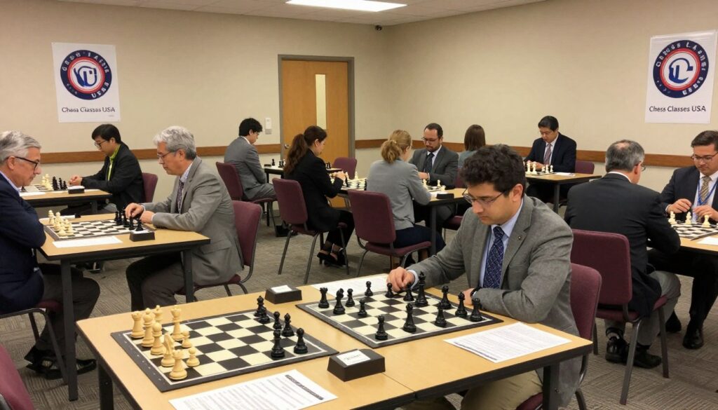 A spacious community center room set up for a chess tournament preparation. In the foreground, a few tables are arranged with neatly organized chess boards, pieces, and score sheets, suggesting anticipation and focus. In the middle ground, a diverse group of players, including men and women of different ages and backgrounds, dressed in professional business attire, engage in discussions about strategies. Soft, warm lighting fills the room, creating an inviting atmosphere, while a slight overhead angle captures the layout effectively. The background showcases posters with the logo of "Chess Classes USA," adding a sense of community and learning. The mood is serious yet hopeful, reflecting the dedication of aspiring players overcoming challenges.