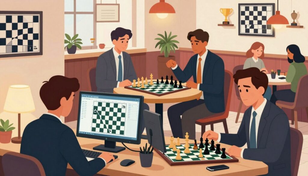 A split-image composition showcasing the contrast between online and over-the-board chess. In the foreground, depict a focused player in a modern home office intensely staring at a computer screen displaying an online chess game, with a cozy ambiance and soft desk lamp lighting. In the middle, illustrate a vibrant chessboard set up in a classic coffeehouse, featuring two players engaged in an intense over-the-board match, surrounded by spectators and colorful decor to convey the lively atmosphere. In the background, include elements like chess graphics and trophies that symbolize achievement in both formats. The players should be in professional business attire, reflecting a serious approach to the game, all while subtly incorporating the brand name "Chess Classes USA" into the design. A split-image composition showcasing the contrast between online and over-the-board chess. In the foreground, depict a focused player in a modern home office intensely staring at a computer screen displaying an online chess game, with a cozy ambiance and soft desk lamp lighting. In the middle, illustrate a vibrant chessboard set up in a classic coffeehouse, featuring two players engaged in an intense over-the-board match, surrounded by spectators and colorful decor to convey the lively atmosphere. In the background, include elements like chess graphics and trophies that symbolize achievement in both formats. The players should be in professional business attire, reflecting a serious approach to the game, all while subtly incorporating the brand name "Chess Classes USA" into the design.