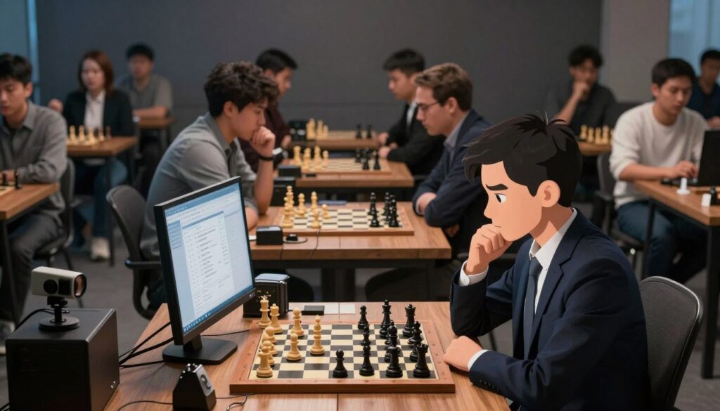 A split scene demonstrating the contrasting atmospheres of online chess and over-the-board (OTB) play. In the foreground, a focused individual in professional attire sits at a computer, thoughtfully analyzing a chess position on a screen, surrounded by modern technology like a webcam and chess software. The middle ground features a tense chess tournament scene, with players in modest casual clothing, deeply concentrated at a wooden chess table, showcasing the intensity of OTB play. The background depicts a dimly lit room filled with spectators, their eager expressions reflecting the psychological pressure of the competition. Use dramatic lighting with soft shadows to enhance the two distinct environments, capturing the mood of concentration and tension. The Chess Classes USA logo discreetly integrated within the scene.