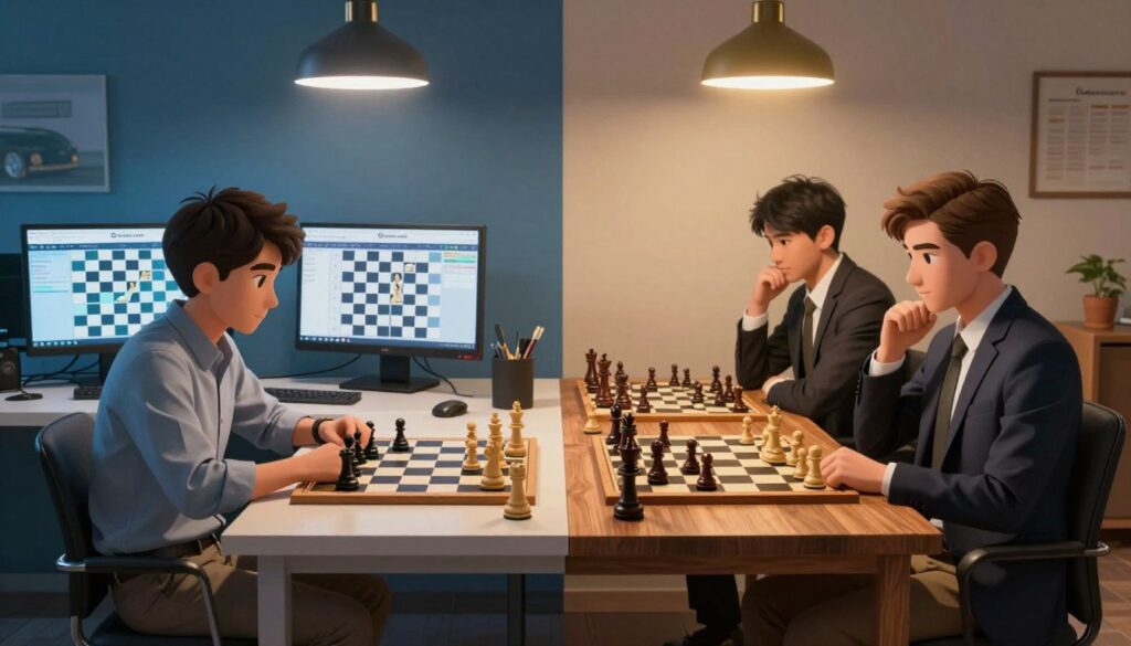 A split scene depicting the contrast between online chess and over-the-board (OTB) chess play. On the left, a focused player in business casual attire sits at a modern desk with multiple screens displaying a chess game on Chess.com, illuminated by soft blue lighting. On the right, a traditional OTB setup with two players in professional attire seated across each other at a wooden chess table, surrounded by warm, ambient lighting from overhead lamps. The middle ground features chess pieces on both sides, symbolizing different game dynamics. The mood conveys concentration and strategic intensity, capturing the essence of competitive chess. The subtle branding visible in the background reads "Chess Classes USA".