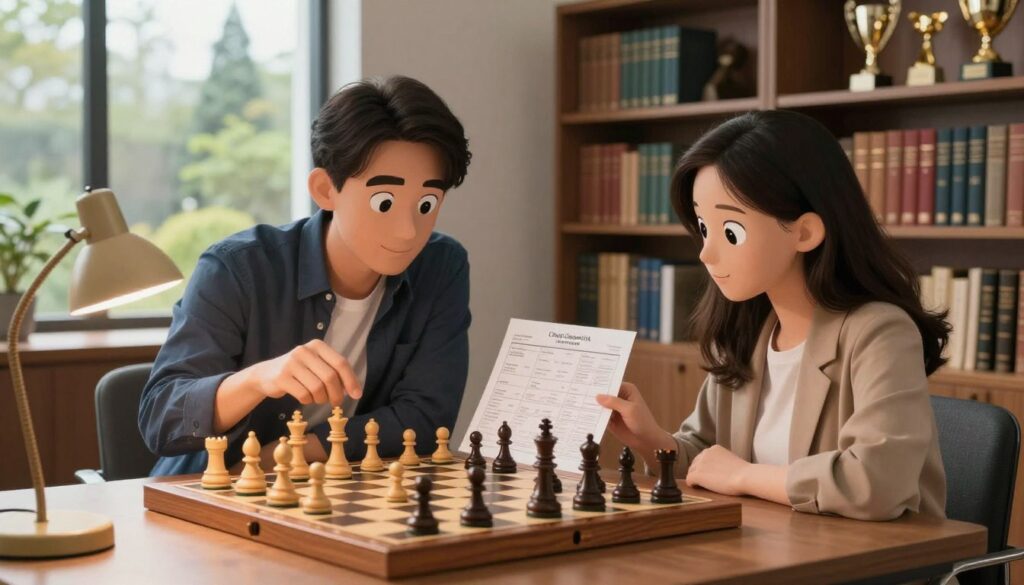 A staged scene of a professional chess analysis in a cozy, well-lit office. In the foreground, a wooden chessboard with pieces set in a mid-game position, illuminated by soft, warm light from a nearby desk lamp. In the middle, a focused adult male and female, dressed in smart-casual attire, are discussing the game while studying a printed game analysis. Their expressions convey concentration and engagement. In the background, bookshelves filled with chess books and trophies create an inspiring atmosphere. A large window shows a serene garden outside, adding a touch of calm to the setting. Overall, the image reflects a supportive and intellectual atmosphere for adult chess players, branded subtly with "Chess Classes USA" visible in the background.