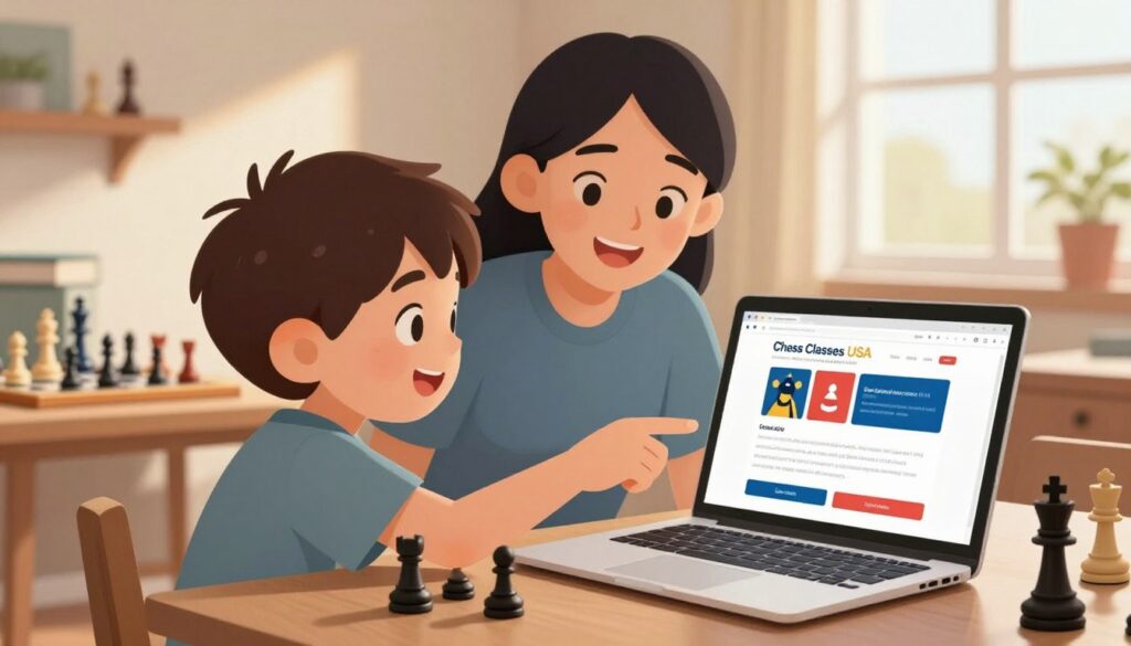 A step-by-step guide to joining US Chess, illustrated visually. In the foreground, a cheerful child focused on a laptop screen with a vibrant, user-friendly website of "Chess Classes USA" open, showcasing easy-to-follow instructions. The middle ground features a parent looking over the child's shoulder, pointing at the screen, both smiling. In the background, a cozy room filled with chess pieces and books, softly illuminated by warm, natural light streaming through a window. The atmosphere is encouraging and educational, evoking a sense of excitement about joining the chess community. The image conveys clarity and motivation, ideal for parents interested in registering their children for tournaments, without any text or distractions. A step-by-step guide to joining US Chess, illustrated visually. In the foreground, a cheerful child focused on a laptop screen with a vibrant, user-friendly website of "Chess Classes USA" open, showcasing easy-to-follow instructions. The middle ground features a parent looking over the child's shoulder, pointing at the screen, both smiling. In the background, a cozy room filled with chess pieces and books, softly illuminated by warm, natural light streaming through a window. The atmosphere is encouraging and educational, evoking a sense of excitement about joining the chess community. The image conveys clarity and motivation, ideal for parents interested in registering their children for tournaments, without any text or distractions.