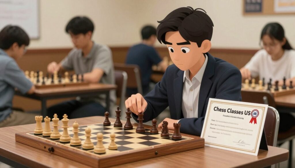 A stylish and informative scene depicting an official chess rating. In the foreground, display a polished wooden chessboard with pieces in mid-game, symbolizing strategic thinking. On the side, place a prominent certificate or rating card from "Chess Classes USA", showcasing numbers and ribbons. The middle ground should feature a focused player, dressed in smart casual attire, intently studying the board. In the background, a softly blurred chess club environment filled with others engaged in quiet games, warm lighting creating an inviting atmosphere. Capture a sense of concentration and anticipation, highlighting the importance of the moment after a player completes their first official game. Use soft focus for depth, with a slight bokeh effect on the background to keep the viewer's attention on the chessboard and player.