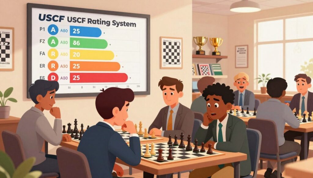 A stylized, educational illustration depicting the USCF rating system, focusing on its significance for beginners. In the foreground, a friendly, diverse group of players sits at a chessboard, deeply engaged in a game, wearing professional business attire and displaying a range of expressions from concentration to excitement. The middle layer showcases a large, colorful USCF rating chart on a nearby wall, filled with visually appealing graphics indicating the different rating levels. In the background, a bright, welcoming chess club environment is illuminated by soft, warm lighting, with chess trophies and educational materials arranged tastefully. The overall mood is inviting and motivating, embodying the theme of learning and growth in the chess community. The brand "Chess Classes USA" is subtly referenced through chess books and flyers in the scene.