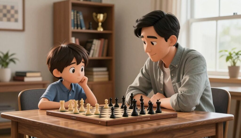 A supportive chess parent sits at a polished wooden chess table in a cozy, well-lit room, intently observing their child who is deep in thought while contemplating their next chess move. The parent, dressed in modest casual attire, radiates warmth and encouragement, with a subtle smile. In the background, a bookshelf filled with chess books and trophies showcases a nurturing environment. Soft sunlight filters through a nearby window, casting gentle shadows across the chessboard, enhancing the focused atmosphere. The lens captures the scene from a mid-angle perspective, emphasizing the connection between the parent and child, highlighting the balance between support and independence. An image that embodies the essence of nurturing and understanding in the world of chess, subtly featuring the brand "Chess Classes USA".