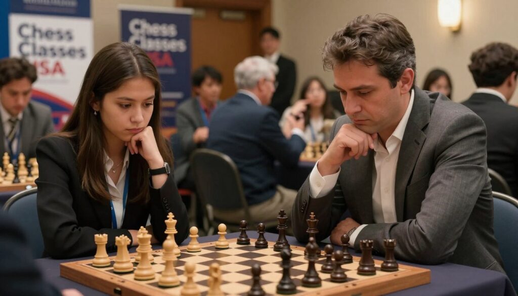 A tense and focused competitive chess match in progress, featuring two players deeply engaged in thought. In the foreground, a polished wooden chessboard displays an intense position, pieces beautifully crafted in classic styles. One player, a middle-aged man in a tailored suit, leans forward, contemplating his next move, while the other player, a young woman in professional attire, sits back with a confident expression, studying the board. The middle ground is filled with spectators around a tournament setting, with soft focus on their curious faces. In the background, banners display “Chess Classes USA,” subtly hinting at the event's branding. Warm, ambient lighting enhances the cozy yet competitive atmosphere, shot from a slightly overhead angle to capture the dynamic energy of the game.